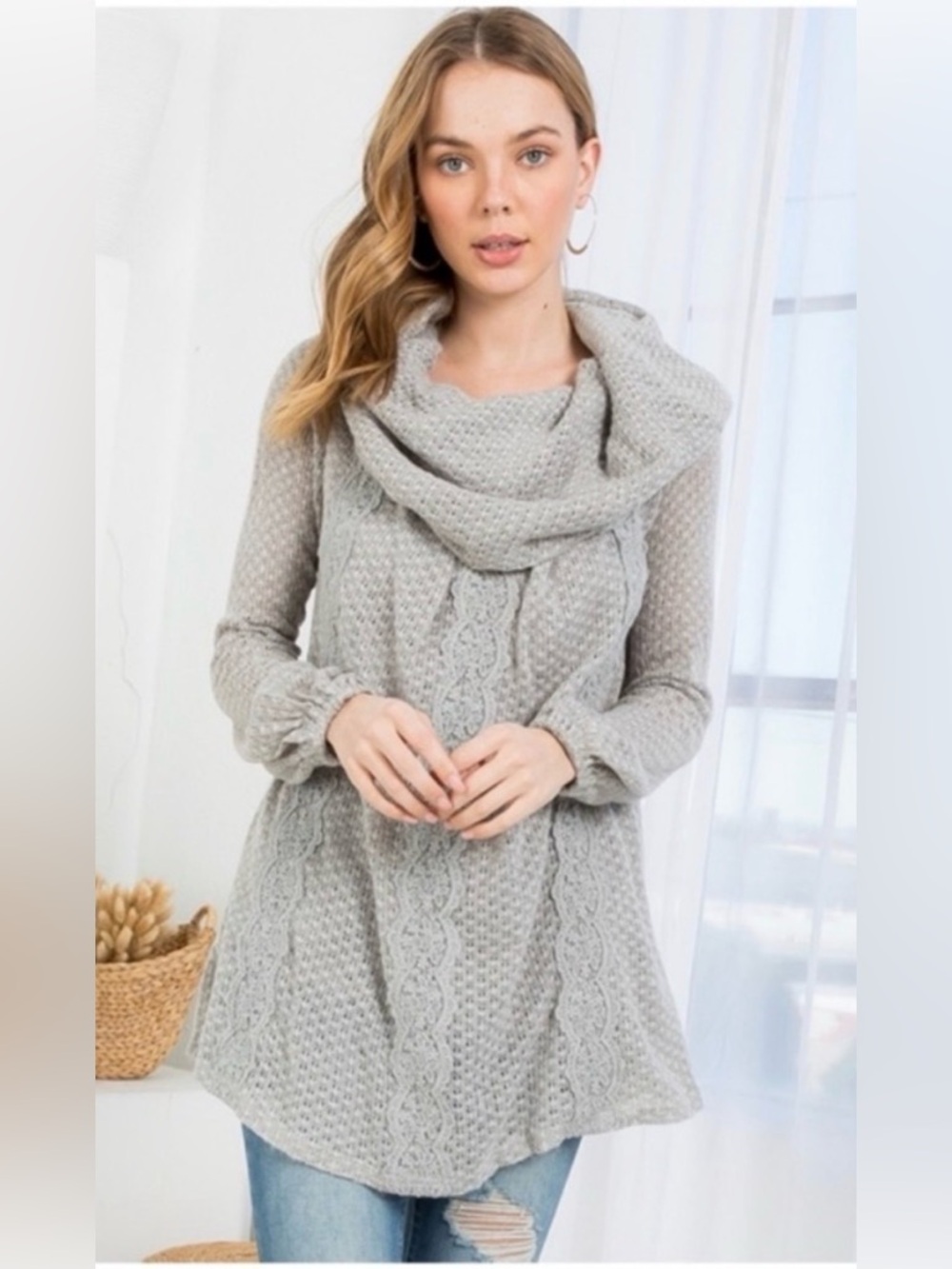 🍁LAST1️⃣🍁New Ryu Gray Cowl Neck Flowing Fall Sweater With Floral Design